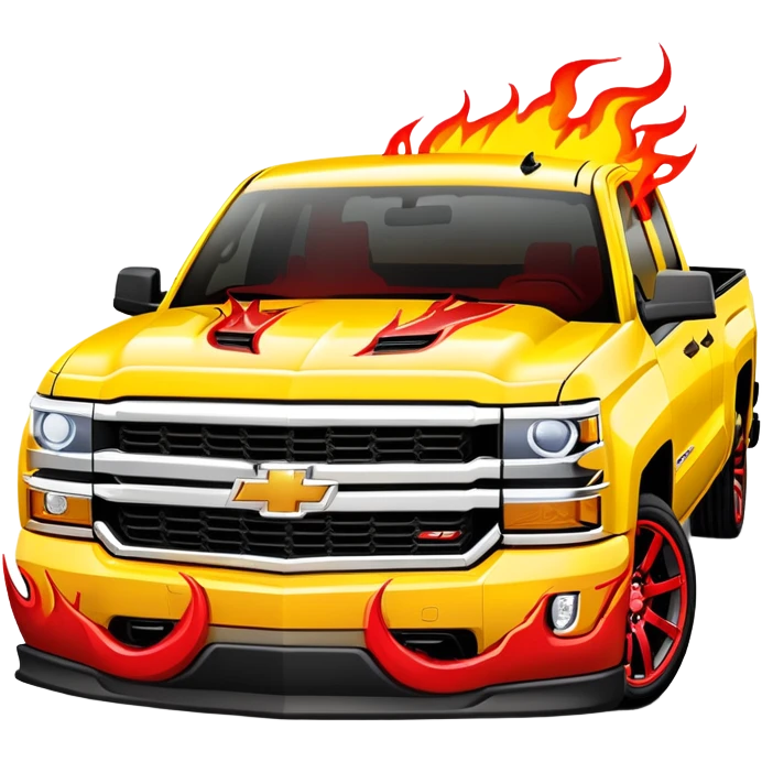 Bright yellow Chevrolet Silverado with red flame artwork exclusively on the front bumper, clean hood, exactly as in Kill Bill, 30-degree angle showcasing bumper detail, iOS emoji style emoji
