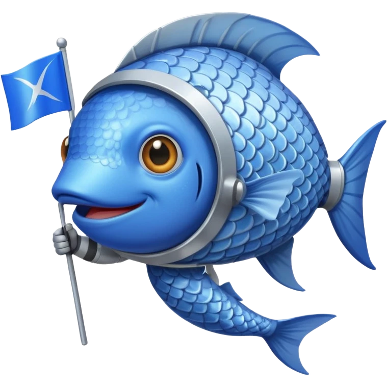 a fish in space suit, holding blue rectangle flag emoji
