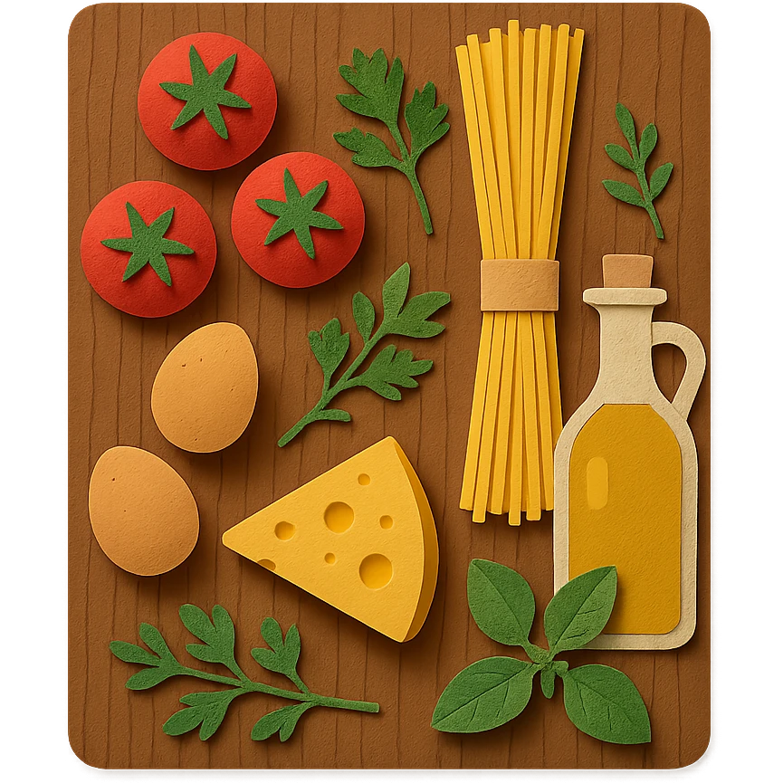 A realistic top-down view of a wooden kitchen table with various common ingredients neatly arranged (like tomatoes, pasta, eggs, cheese, herbs, olive oil). The background should be dark and soft to match a modern app interface. Lighting should highlight the ingredients naturally, with soft shadows. No text, no hands, minimalistic but warm and homely, like a mobile UI background for a cooking app. emoji