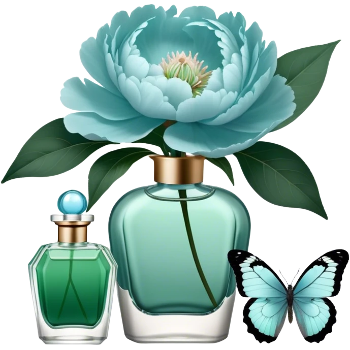 A delicate arrangement of pale blue peonies and a translucent green  butterfly near a deep green color perfume bottle.    emoji