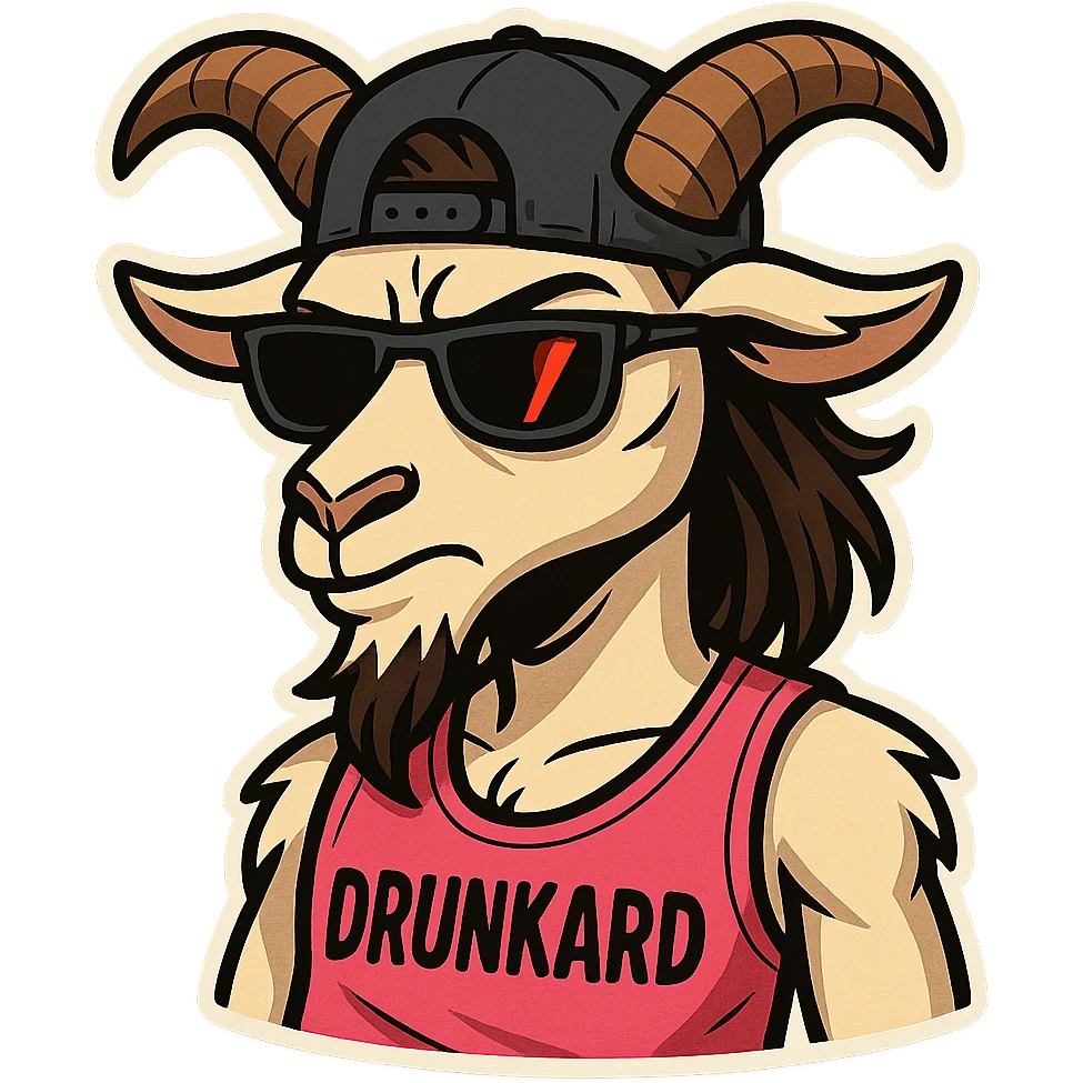 goat-terminator for Telegram stickers inspired by reference https://attic.sh/feoducyurkpqwz0la088soao98sx: wearing a cap, glasses, mullet hairstyle, pink drunkard tank top.  emoji
