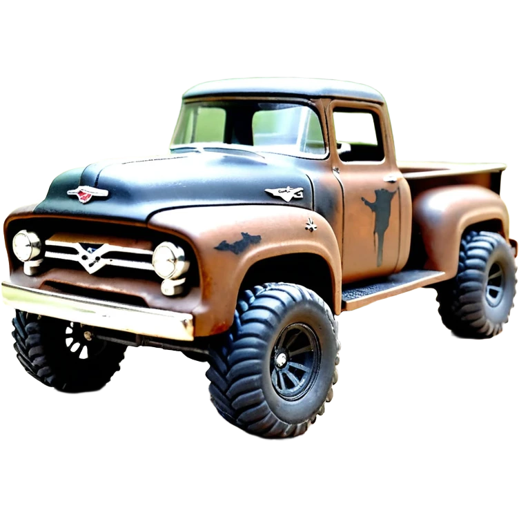 1:10 off-road lcg smoking rusting Arrma Traxxas Basher style Wednesday Adam’s 1954 blackened tarnished hotrod utility streamlined anime Ford zombie extended cab rc bulging pickup (extra wide low-profile pin tires chrome wheels with fenders) emoji