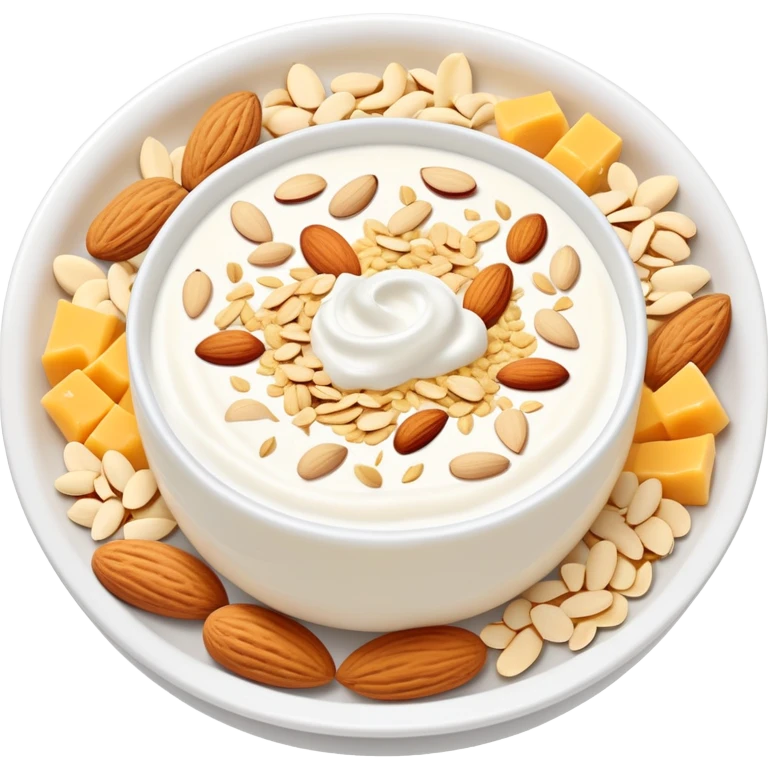 A glowing white leg bone in the center, surrounded by floating calcium-rich foods: yogurt, shredded cheese, almonds, and sesame seeds. All items are floating and slightly shining, arranged in a circle around the bone. emoji