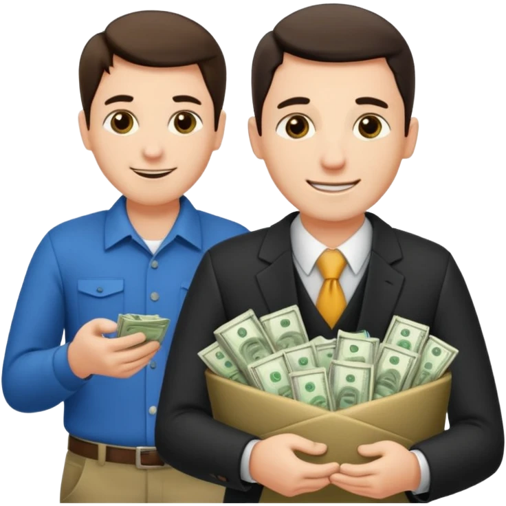 un chef d'entreprise en train de compter sa montagne de billet derrière lui une file de client qui entre dans son magasin pendant qu'à cote un autre chef d'entreprise poche vide pas de client  emoji