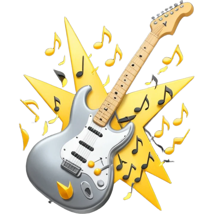 A 3D Apple-style emoji of a bold “ROCK” text written in shiny metallic letters, with an electric guitar leaning on the text, surrounded by small music notes and lightning bolts, energetic and powerful rock music vibe emoji