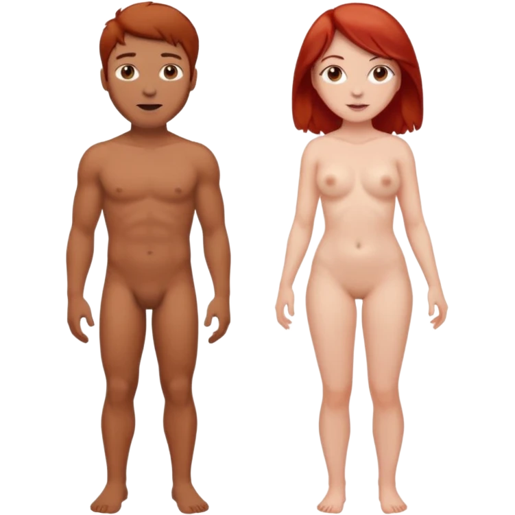 One white guy with brown hair and one white woman with red hair with no clothes full body emoji