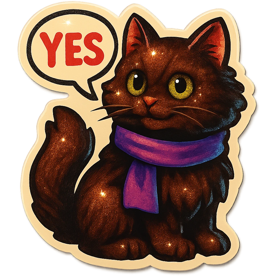 Fluffy dark-brown cat with green eyes and a purple scarf saying ‘YES’ (with a speech bubble) emoji