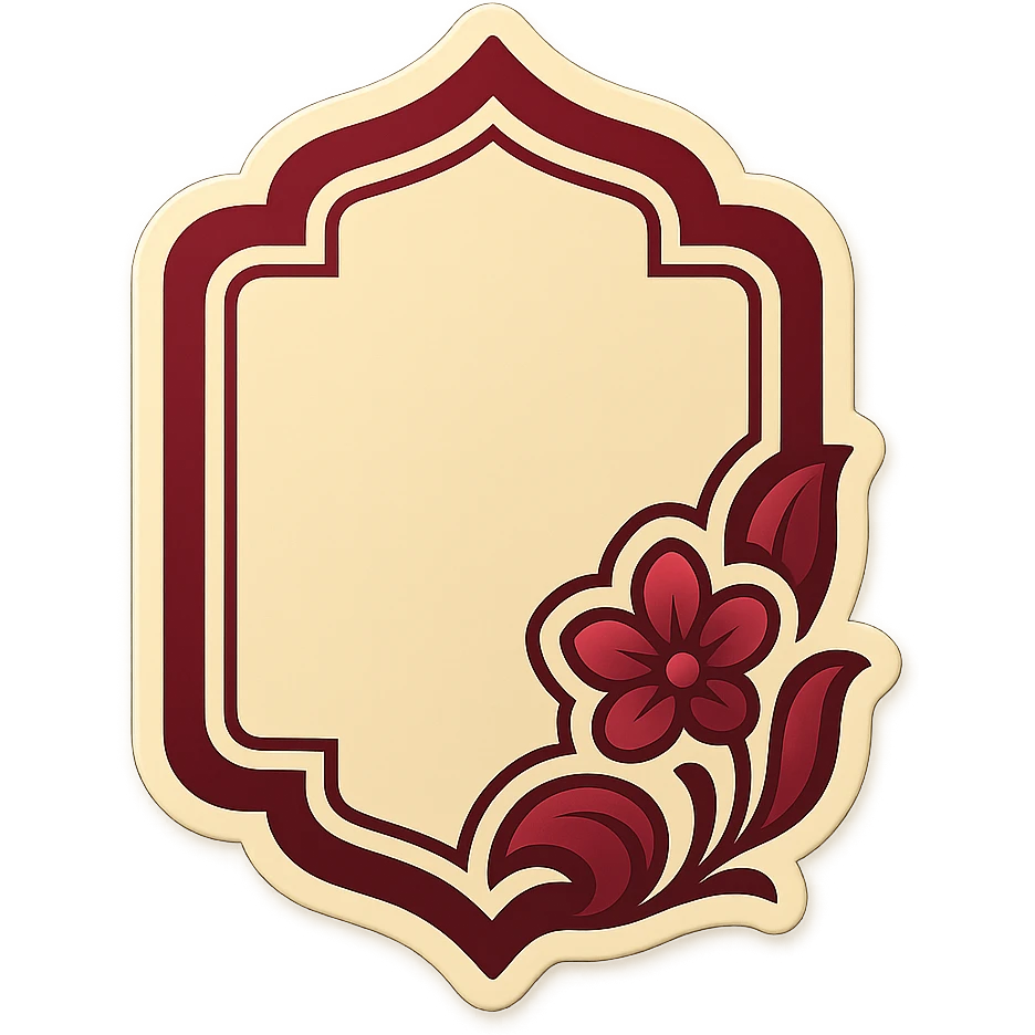 eastern plaque with floral pattern, retro sticker style, burgundy and beige colors, minimalist eastern flower in corner, soft shadows, transparent background emoji