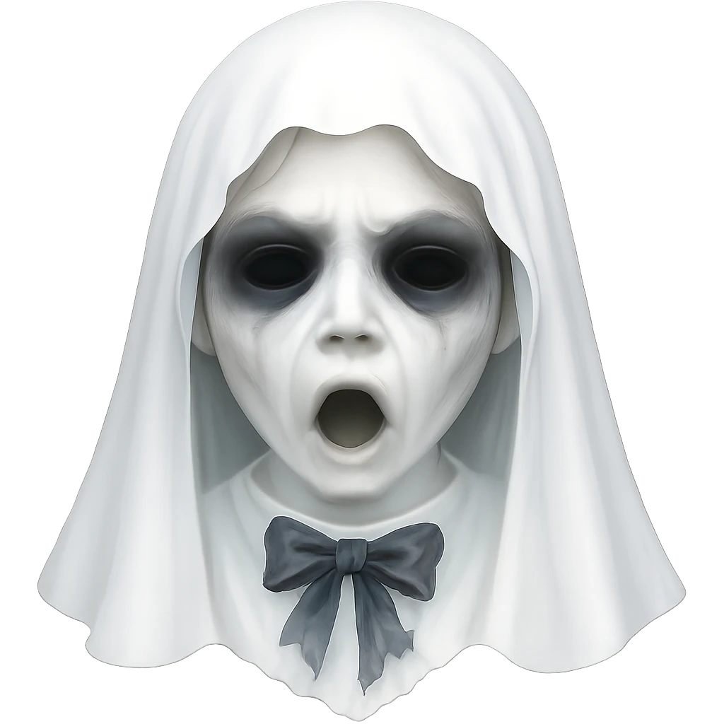 Increase the amount of white in the image, making the girl ghost and her sheet appear brighter and more luminous. Keep the torn bow, haunting expression, and dark shadows around the eyes intact. Maintain the transparent background. emoji