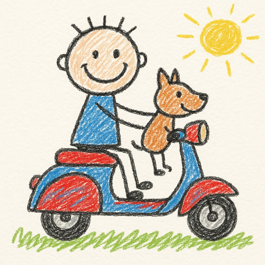 man and his pet dog riding a vespa emoji