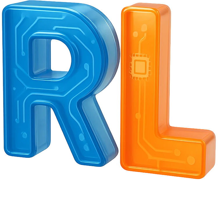 Add a tech-inspired icon such as a circuit, microchip, or digital element to the modern 'RL' logo. Keep the design minimalistic and professional with clean lines and a subtle metallic or gradient finish. Maintain the transparent background. emoji