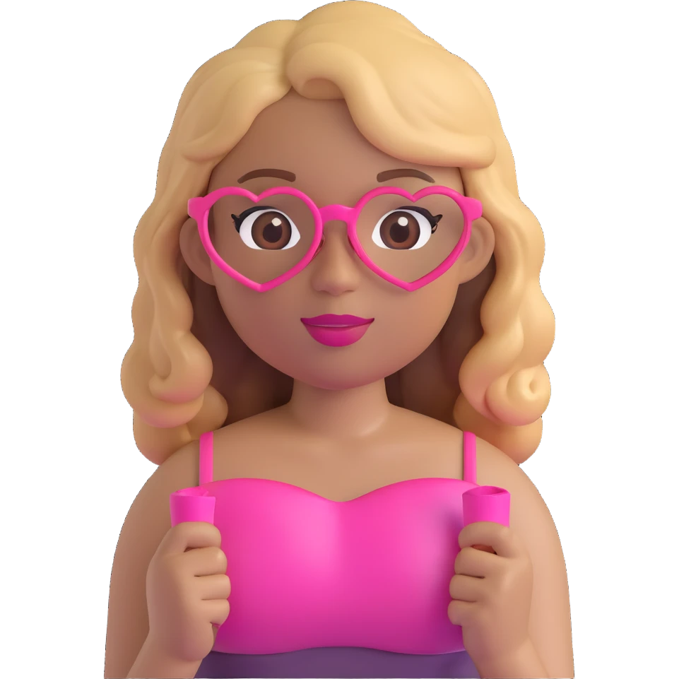 girl emoji with light tan skin, wavy 2B hair in brown and blonde, wearing a pink tube top, long eyelashes, heart-shaped lips, clear pink glasses emoji