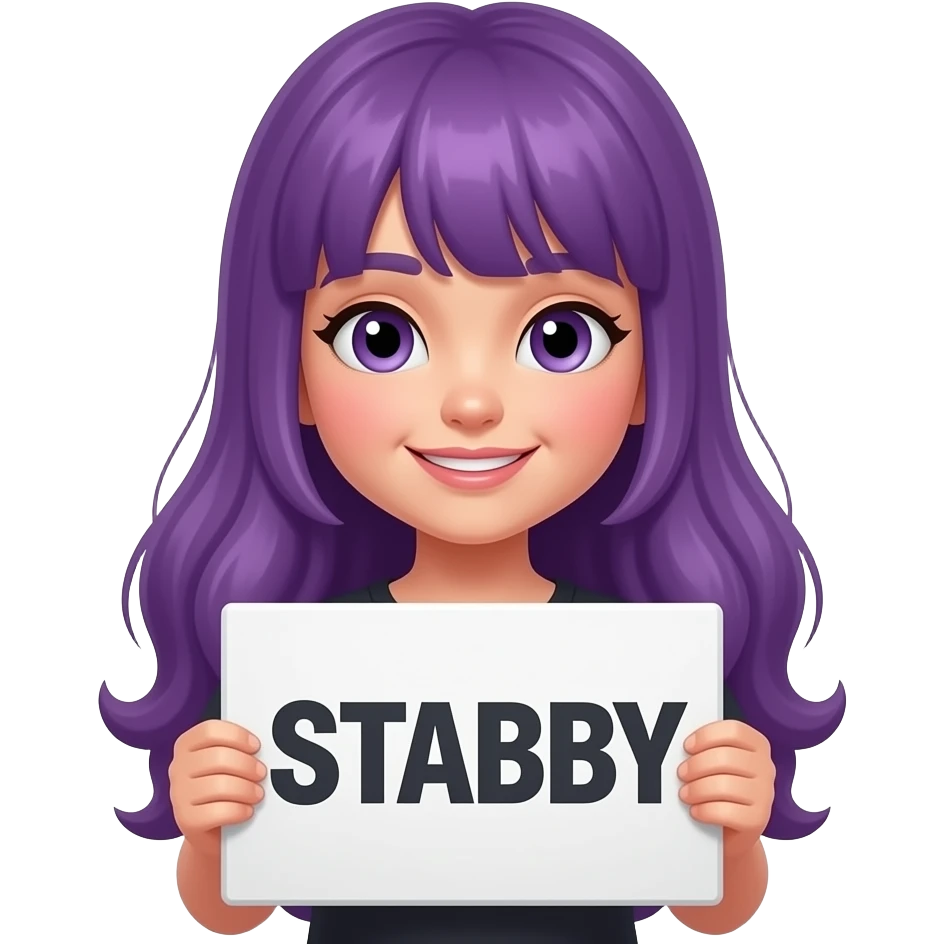 girl with long purple hair holding a CUTE but STABBY sign emoji