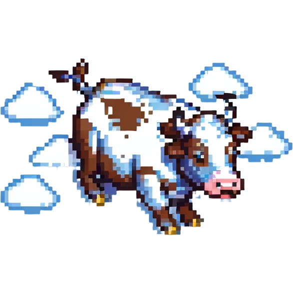 a flying cow, pixel art style, simple clouds emoji