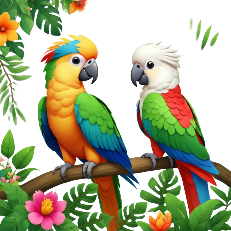 Close-up collage of vibrant Ara parrots and Inca cockatoos sitting on tree branches, surrounded by lush greenery. Bright colors of the birds stand out against a natural, sunny background of trees and flowers. Transparent background. emoji