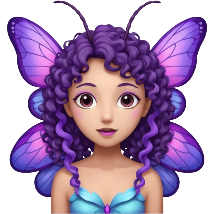 moth fairy with dark curly hair, light purple skin, and moth wings of blue purple and pink. she has moth antenna emoji