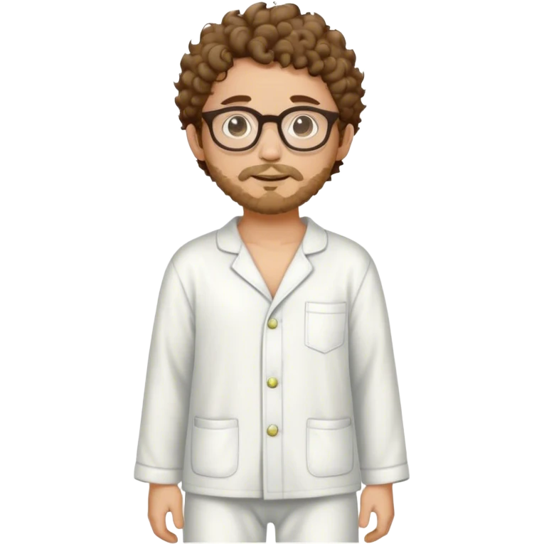 A young man with short curly brown hair, round glasses, light beard, and a comfortable full-body pajama. emoji