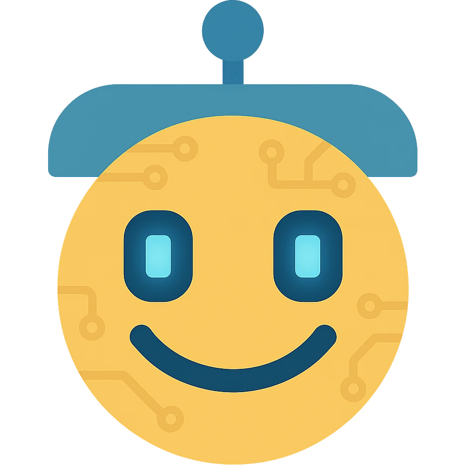 Make the smiley AI emoji look more robotic, with metallic features, digital eyes, and subtle circuitry, keep the flat color icon style, with no background emoji