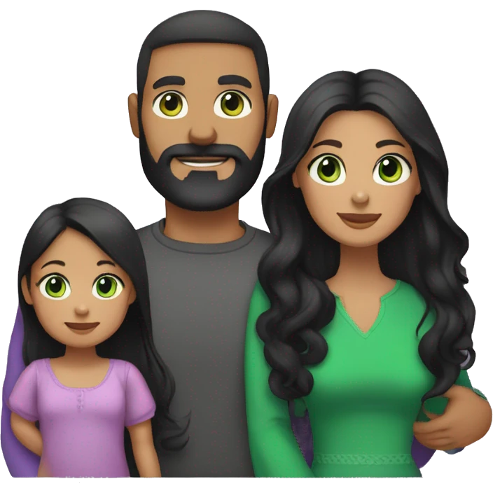 dad with black beard, white skin mom with long straight black hair and green eyes, and baby girl  with black hair purple dresses for everybody emoji