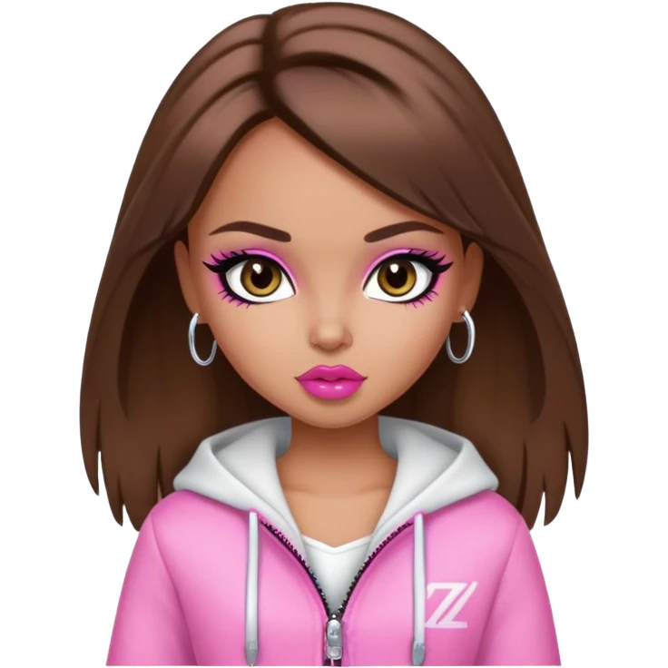 pretty bratz girl, brown hair, dark brown eyes, pink lips, black eyeliner, tan skin, cute y2k clothes emoji