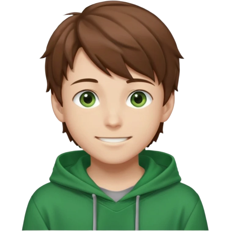 Anime teen boy with brown hair, green eyes, and a green hoodie, looking smiling slightly sideways positioned. Face must be main filling of the emoji. A little piece of hoodie can be visible. 128px emoji
