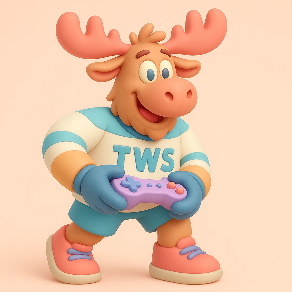 Edit the moose to be holding a game controller instead of a hockey stick, and wearing shoes instead of skates. Keep the playful cartoon style, 'TWS' hockey jersey, same pose and colors as in the original image. emoji