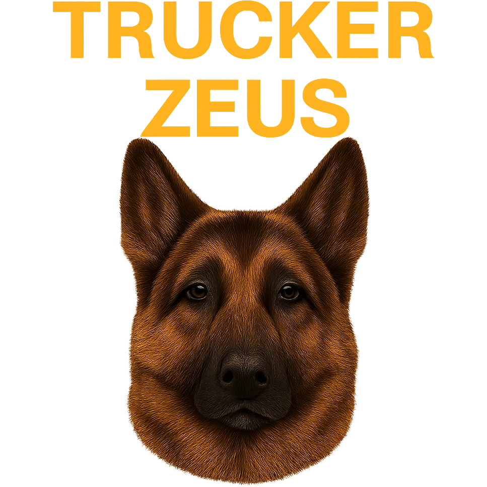 Make the background fully transparent while keeping the realistic German Shepherd and the yellow 'Trucker Zeus' text intact. Maintain maximum compression for the image. emoji