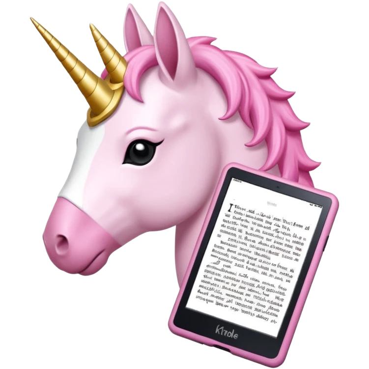 Unicorno bianco con corno rosa brillantato con sulla testa un paio di cuffie e un Amazon Kindle in mano emoji