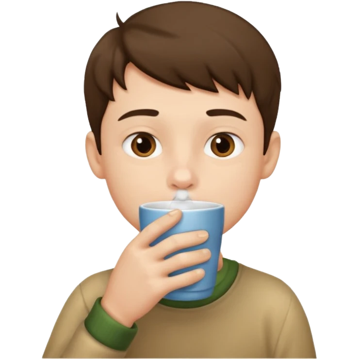 a boy drinking , the cup is touching his mouth, emoji