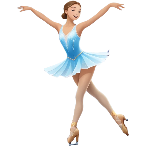 An icon showing a graceful figure skater performing a spin on the ice in a grand ice palace. The rink is illuminated by soft light beams, with cheering spectators in the stands. Snowflakes gently fall, adding to the magical atmosphere. Transparent background highlights elegance and artistry. emoji