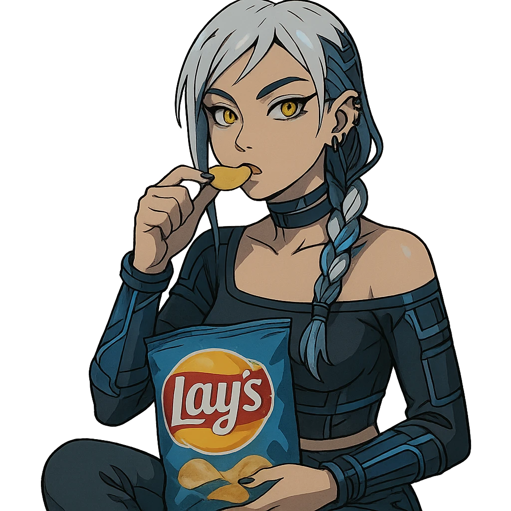  she is snacking out of a huge bag of lays-chips, a closeup portrait of young woman with gold yellow eyes, white hair, long braid, black off-shoulder top d-cup, punk gothic style, futuristic cyberwave cyberpunk, sitting position
 emoji