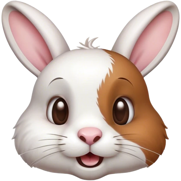 Cinematic Comical White and Brown Rabbit Portrait Emoji, Head tilted dramatically with an exaggeratedly amused expression, featuring a striking fur with a playful mix of white and brown patches, wide, expressive eyes filled with playful disbelief, Simplified yet hilariously expressive features, highly detailed, glowing with a slightly sassy glow, high shine, dramatic yet playful, stylized with an air of cheeky mischief, bright and endearing, soft glowing outline, capturing the essence of a spirited and over-the-top bunny, so meme-worthy it feels like it could side-eye its way into internet fame instantly! emoji