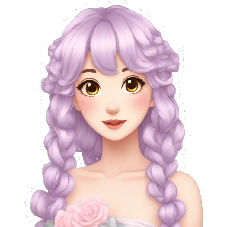 Gorgeous pastel anime style lady with blushing face and hair garnitures and pretty hair aesthetic trending style emoji