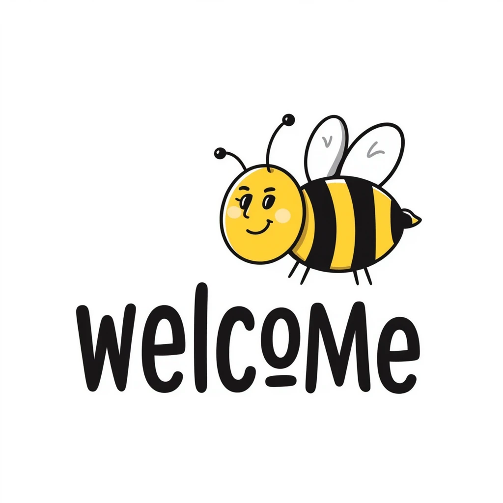 Welcome tag with a happy bee, black and yellow stripes, 'WELCOME' text emoji