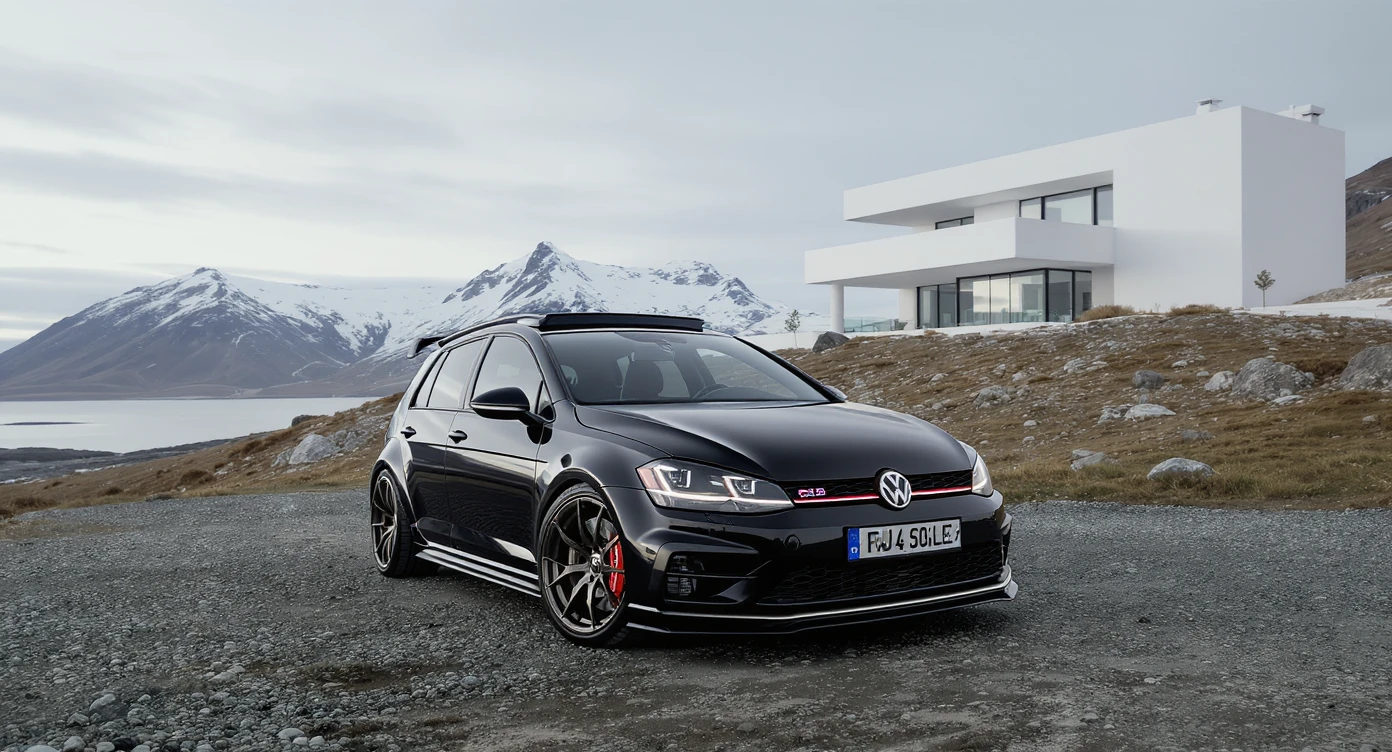 black Golf A4 with bodykit, in background is modern huge two flors white villa, in distance are iceland mountains, rule of thirds, shot on gopro hero, noise camera emoji