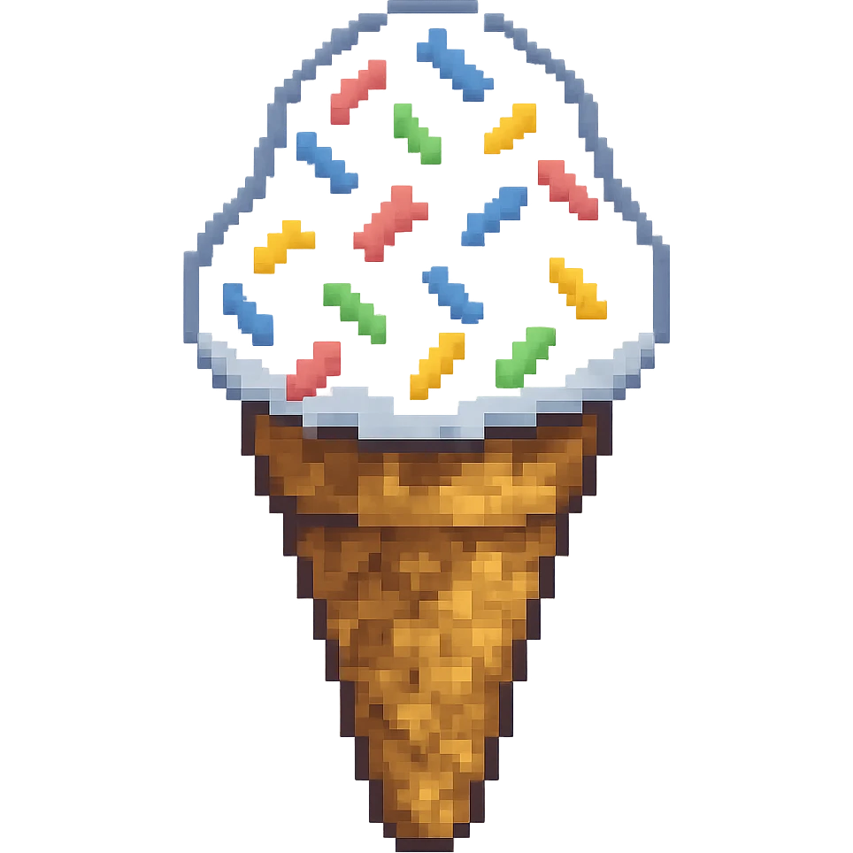 Make the ice cream with sprinkles into a cone, keep pixel art style, no background. Use pixel art style as a reference for the look. emoji