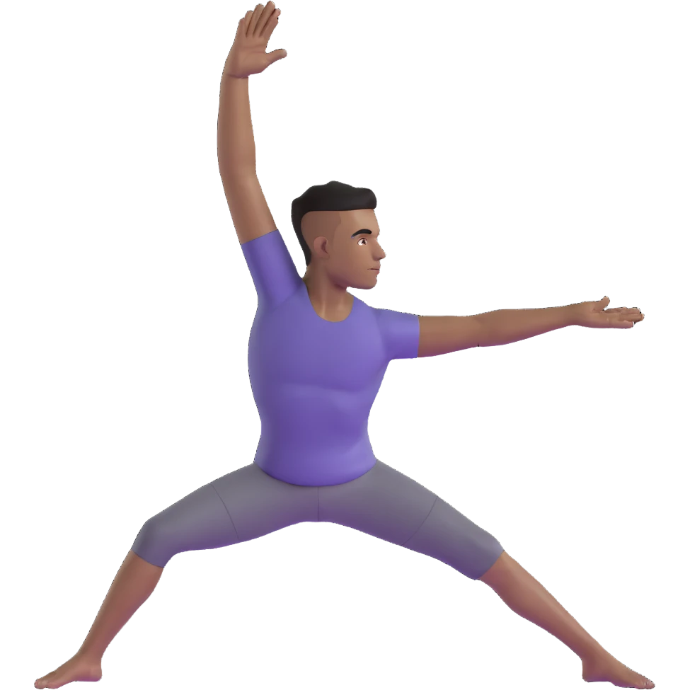 man doing warrior pose yoga with arms stretched out, legs in lunge position emoji