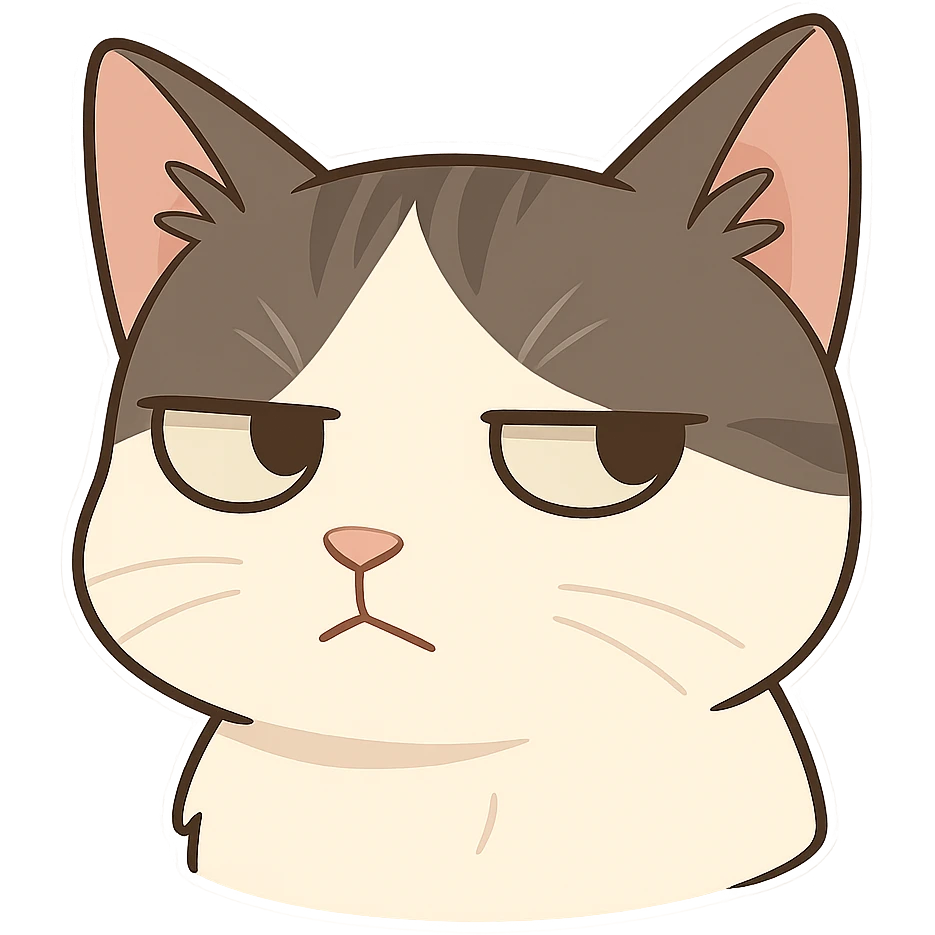 A cat head with an impatient expression, eyes looking to the left and frowning emoji