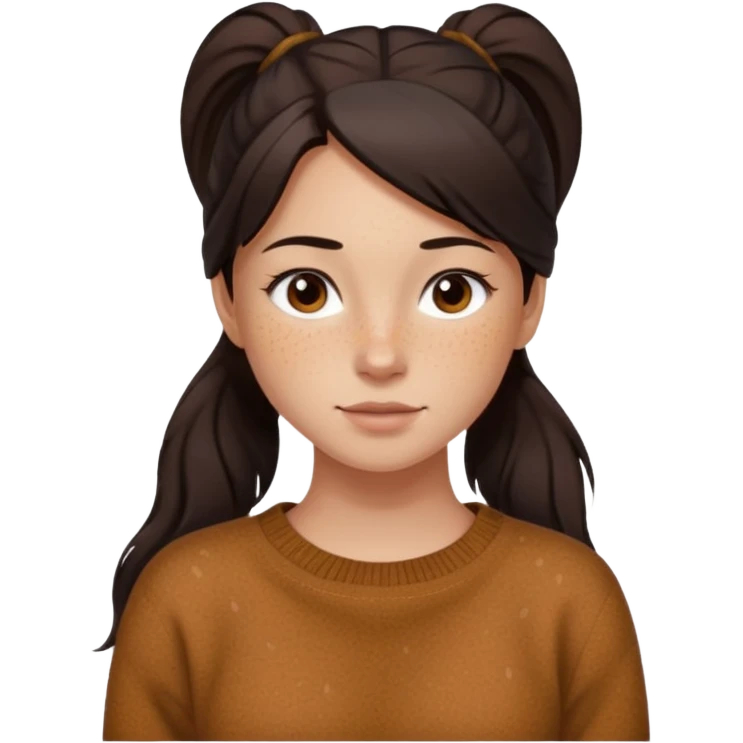 Девочка с длинными темными волосами в хвосте и веснушками в коричневой кофте emoji