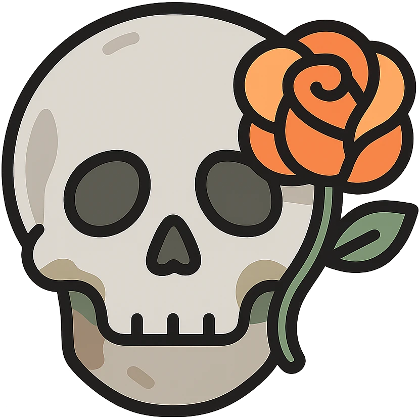 A light grey, slightly eerie skull with soft, rounded features and a haunting aura. One of its hollow eye sockets holds a delicate rose, its petals in shades of peach (FFCC9A) and soft orange (FA9B41), contrasting beautifully against the grey skull. The skull’s surface is textured with subtle hints of muted taupe brown (96775A) and deep forest green (4A7C5C), giving it a weathered, mystical look. The background is dark and atmospheric, with soft lighting highlighting the contrast between the cold, light grey of the skull and the warmth of the rose. The scene feels both macabre and elegant, with a touch of gothic beauty emoji
