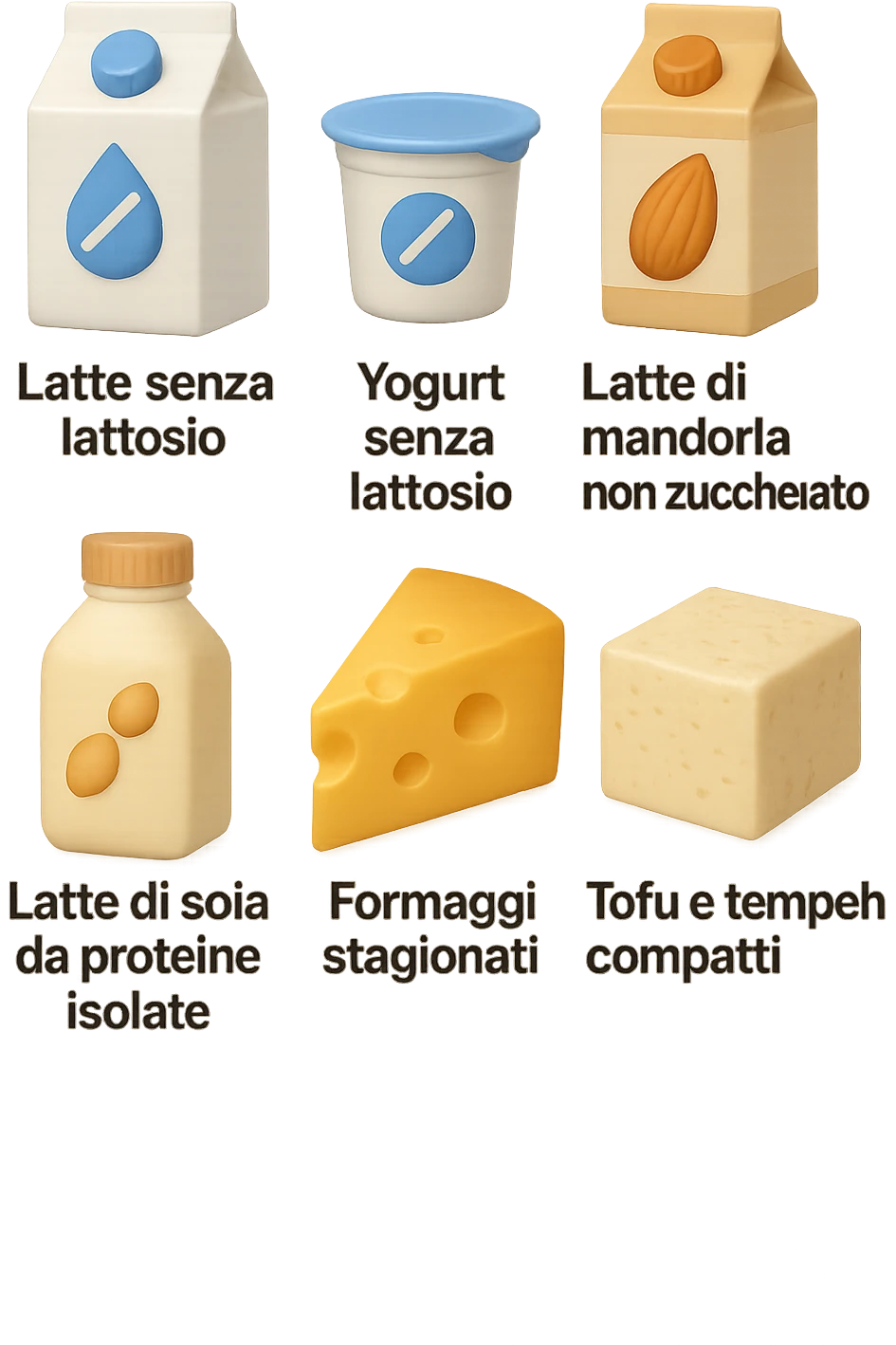 emoji stile iphone 3d di questi elementi che fluttuano in aria:

Latte e yogurt delattosati
Latte di mandorla (non zuccherato)
Latte di soia da proteine isolate
Formaggi stagionati (es. parmigiano)
Tofu compatto e tempeh
 che fluttuano in aria,  le etichette scrivile in italiano, iperealistico 4k emoji