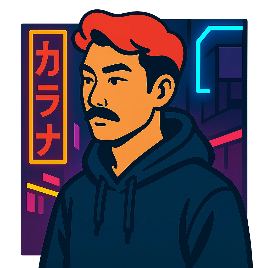 Asian man with black mustache, red hair, black hoodie, neon lights, Japanese cyberpunk anime style emoji