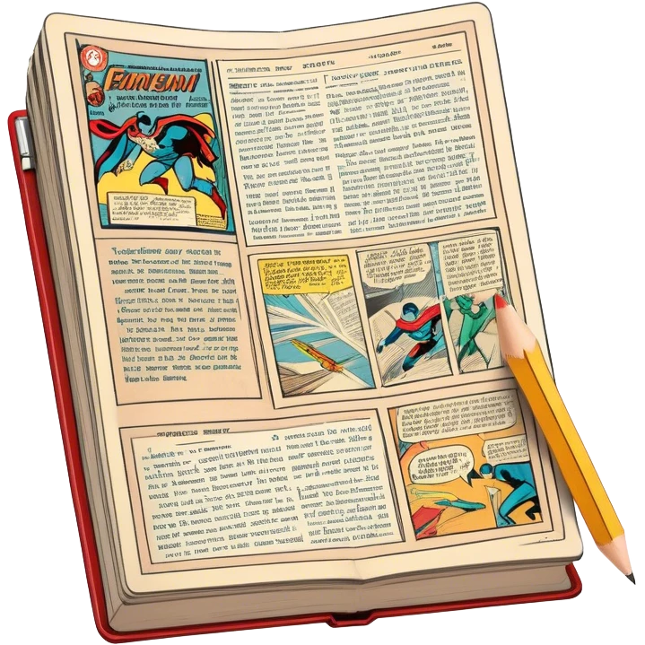 Create a detailed emoji representing the process of writing texts for comic books. The design should feature a large, open comic book with vintage comic strips visible on its pages. A pencil should be shown writing text on one of the comic panels, but without a hand. The pencil should appear as though it is actively creating the dialogue or narration. Use a classic color palette with muted tones for the comic book and brighter accents on the pencil to draw attention to the writing process. Do not include any emojis or smiley faces. Make the background transparent. emoji