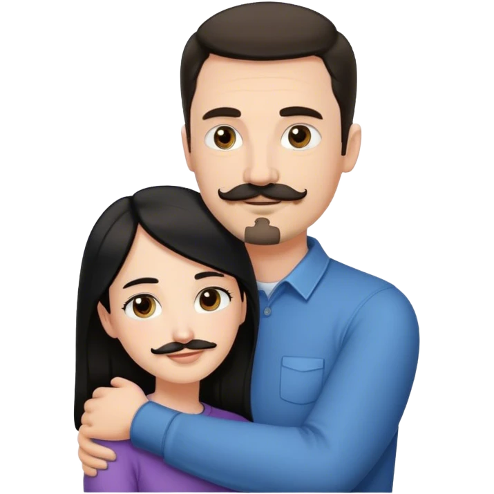 Tall white man with thin dark brown hair mustache and goatee, hugging a short pale woman with long black hair emoji