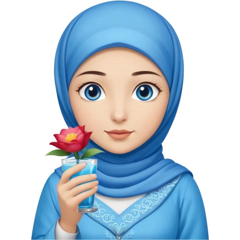 Turkish beautiful finish Konya girl blue eyes with blue hijab islamic dress and had on her hand flower mocktail emoji