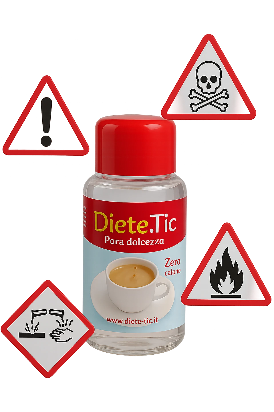 BOCCETTA DI DOLCIFICANTE LIQUIDO CON LA SCRITTA "DIETE-TIC" SULL'ETICHETTA FLUTTUA IN ARIA INSIEME A SEGNALI DI PERICOLO 3D emoji