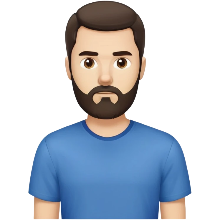 Caucasian man with long straight dark brown hair styled loose with fringe, medium-length hair, short full beard, neutral serious expression, simple blue shirt emoji