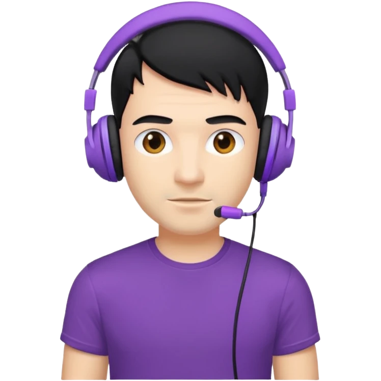 man with purple headphones and tshirt black hair emoji