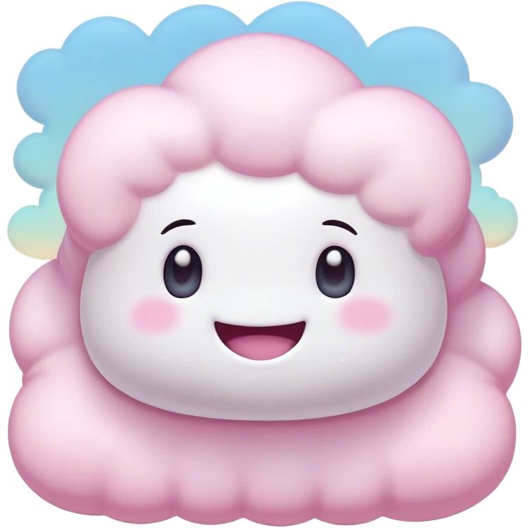 Cinematic fluffy pastel marshmallow character, soft round edges, tiny sparkly eyes, a small happy smile, glowing warmly, floating in a dreamy soft sky. emoji