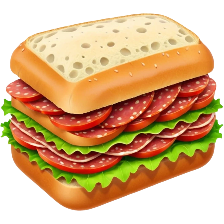 salami sandwich with crusty bread, layers of salami, lettuce, tomato emoji
